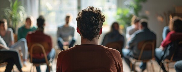 Man listening intently to therapist during group therapy session, surrounded by other participants