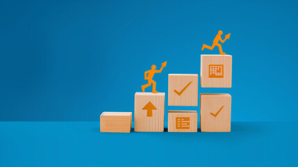 A man is climbing a staircase with the words "goals" on the bottom step. The steps above him are labeled "action" and "plan." Concept of setting and achieving goals
