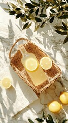 Refreshing Lemonade in a Wicker Basket with Fresh Lemons and Olive Branches