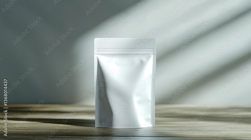 Aufkleber white stand up pouch mockup on a wooden surface with soft light and shadows creating a calm atmosphe