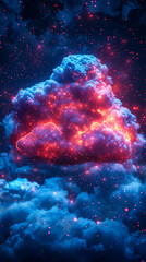 Fototapeta premium Digital Illustration of Conceptual Cloud Storage in Cyberspace with Glowing Particles at Night, Symbolizing IT, Internet, and Cloud Computing Technology