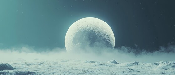 A large white moon is in the sky above a snowy landscape