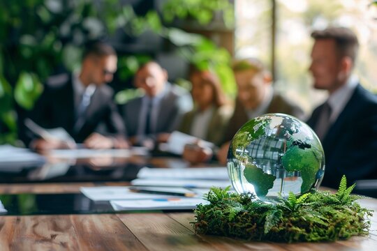 Glass globe resting on moss with business people discussing sustainability in the background