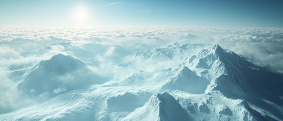 A mountain range covered in snow with a bright blue sky in the background