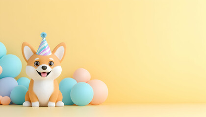 Obraz premium Cute cartoon dog in party hat with pastel balloons