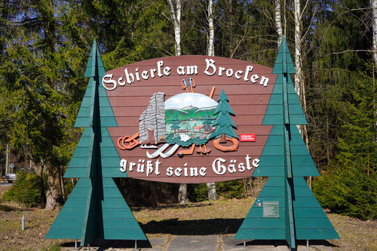 Close-up of a welcome sign board "Schierke on Brocken Mountain greets its guests" in the Harz National Park &ndash; Germany, March 20, 2025