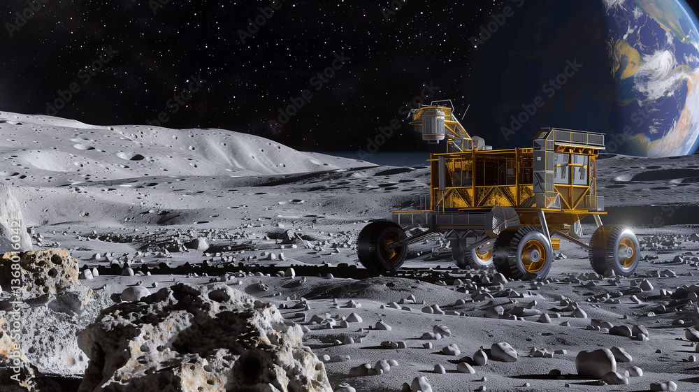 Poster this rover processes regolith on the asteroid surface for resource extraction amidst a starry backdr