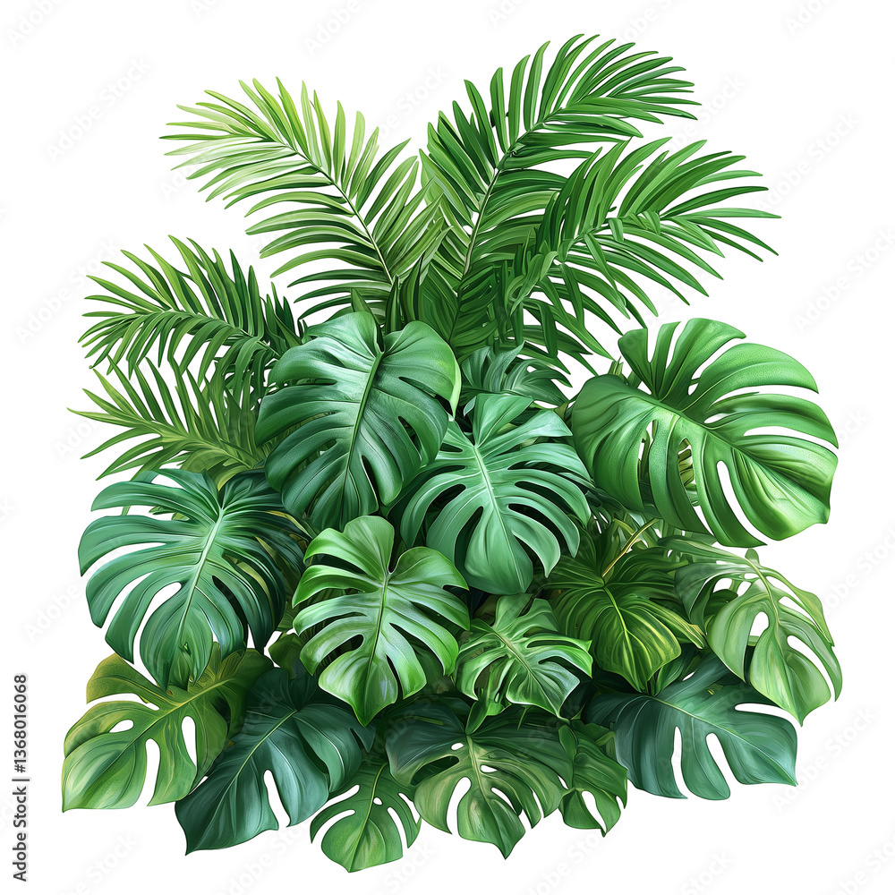 Poster lush tropical foliage arrangement on transparent layerisolated on transparent background png