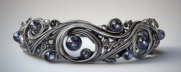 An intricate wrist cuff made of swirling silver tendrils holding floating gemstone spheres