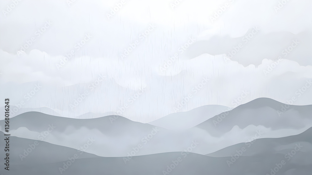 Poster a mountain range is shown in the rain with a grey sky