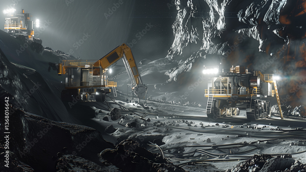Poster this machines are extracting regolith from an asteroid for resource refinement.