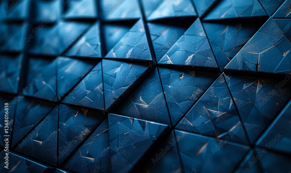 Poster futuristic 3d triangular tile wall, high-tech geometric pattern, dark background, modern architectur