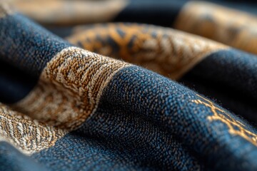 A detailed close-up of luxurious fabric showcases intricate textures and patterns, representing artistry in textile design and lifestyle in fashion and home decor.