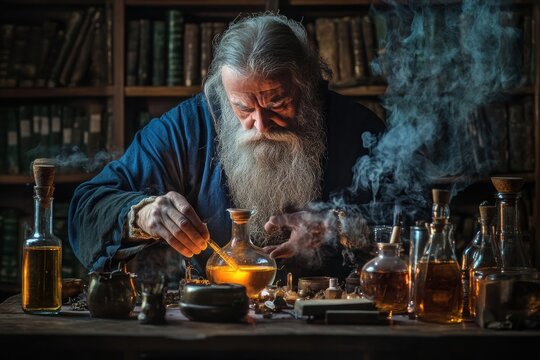 Medieval alchemist preparing potions surrounded by books and flasks
