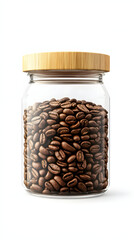 Clear Glass Jar with Bamboo Lid Filled with Dark Roasted Coffee Beans Perfect for Sealed Storage and Ideal for Creative Coffee Imagery with Copy Space