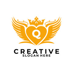Initial Identity Letter Q with wing, love, and Crown logo design vector template