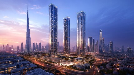 Dubai skyline with modern skyscrapers at twilight.  