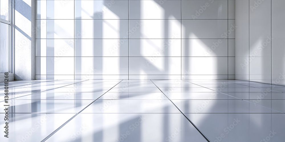 Poster Clean, bright room with white tile walls and floor, sunlit, showcasing ample free space ideal for product placement or text overlay, representing minimalism and modern design