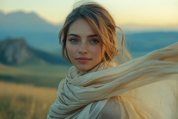 Fototapeta premium A young woman with freckles and green eyes stands in a flowing beige shawl against a scenic mountain backdrop.