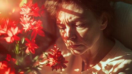 Contemplative Woman with Red Flowers Bathed in Soft Sunlight in a Serene Indoor Setting