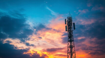Obraz premium Telecommunications tower silhouetted against a vibrant sunset sky with dramatic clouds.