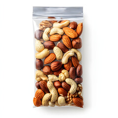 Transparent resealable bag filled with vibrant almonds, cashews, peanuts, hazelnuts, and walnuts showcasing artistic nut mix packaging design