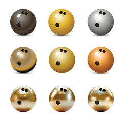 A set of sparkling metallic bowling balls, realistic vector illustration