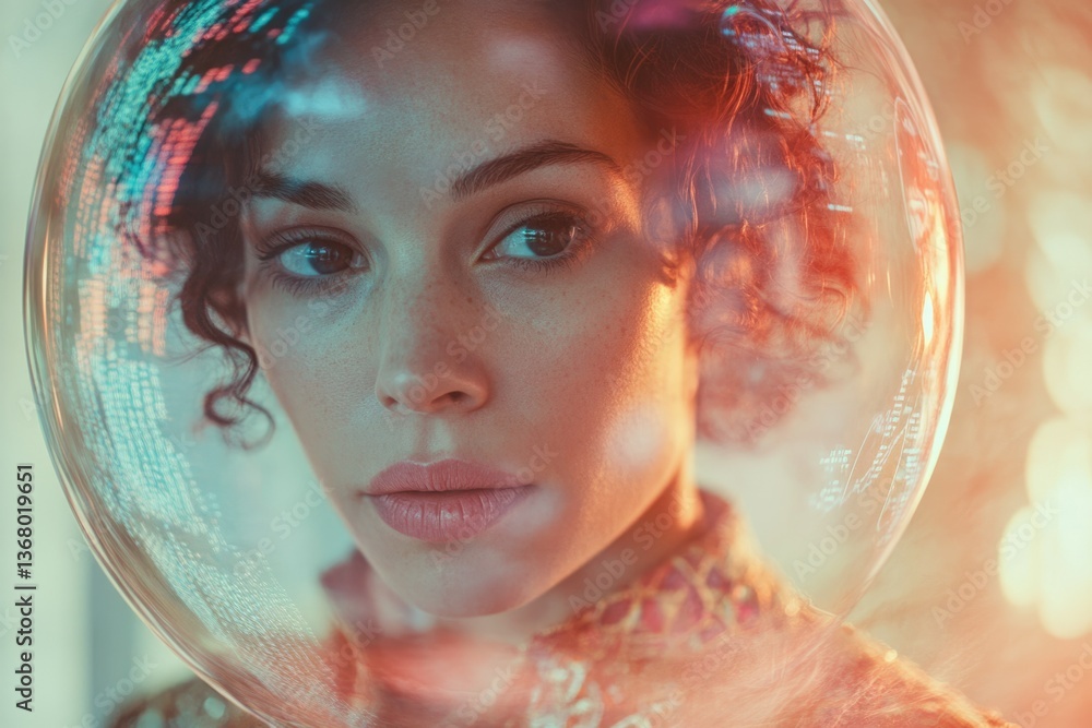 Poster A woman's face is partially obscured by a transparent sphere displaying data streams, creating a futuristic and mysterious aesthetic.
