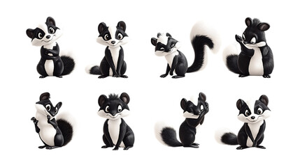 Pack Smiley Skunk set in Different Poses Against Transparent Background for Forest Illustrations, Wildlife Art, or Cute Animal Designs