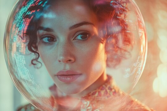 A woman's face is partially obscured by a transparent sphere displaying data streams, creating a futuristic and mysterious aesthetic.