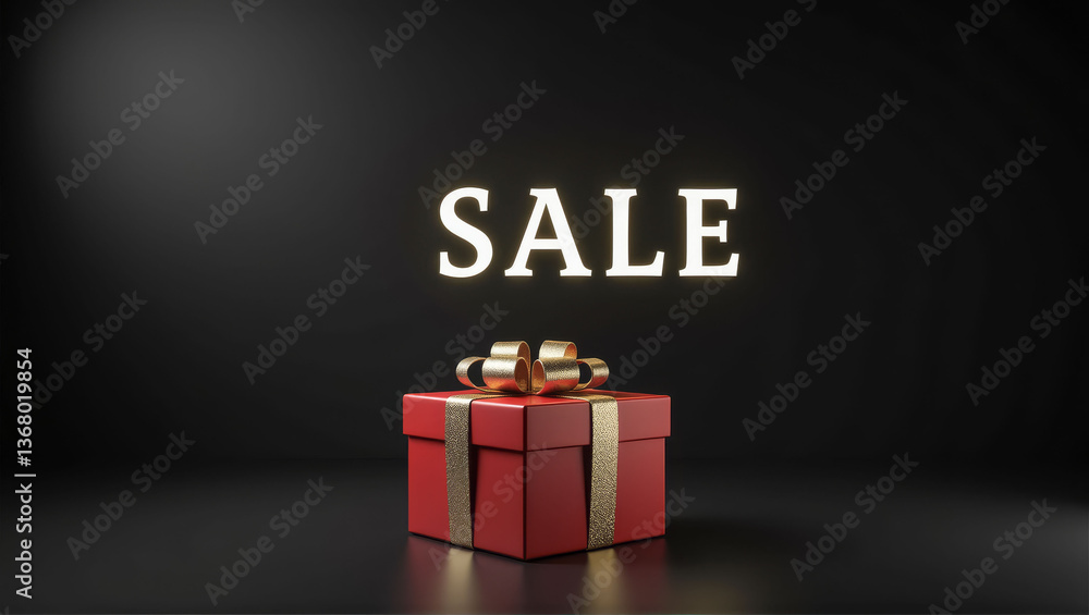 Poster a red box with a bow on top of it with the word sale written on it. the image has a festive and cele