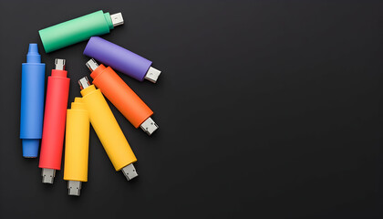 Colorful USB drives scattered on a dark background