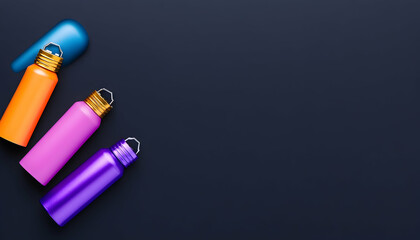 Colorful water bottles arranged on a dark background, leaving ample copy space