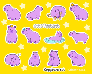 Sticker Set Cute purple capybaras. Vector hand drawn illustrations of bright unusual capybaras. Sticker pack for print, for school or work .