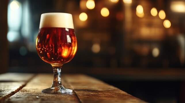A beautifully crafted beer in a sleek tulip glass, with a rich amber color and foam, set on a wooden table with blurred bar lights in the background.