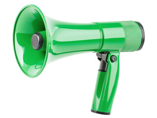 Vibrant green megaphone for announcements and events use on a transparent background, cut out