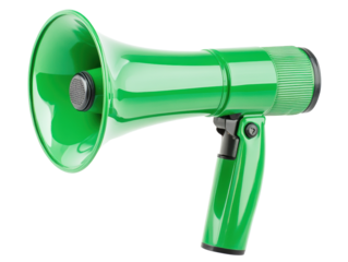 Vibrant green megaphone for announcements and events use on a transparent background, cut out