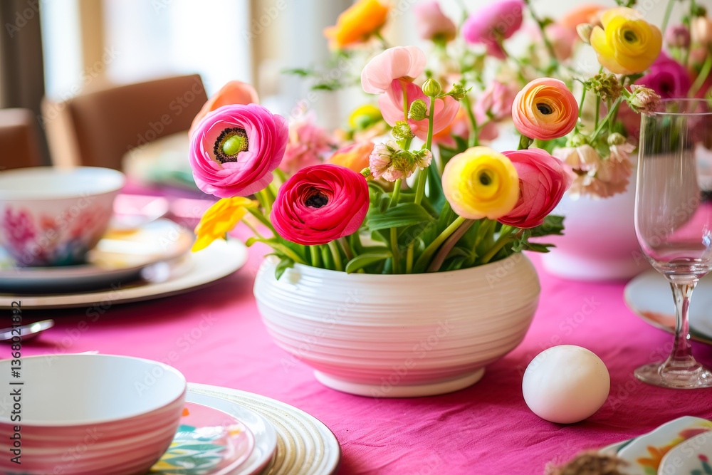 Poster colorful spring table setting with vibrant flowers and elegant dinnerware at a festive gathering