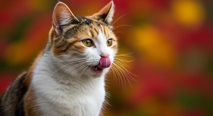 Obraz premium Calico Cat Licks Lip Warm Autumn Light. AI Generated
