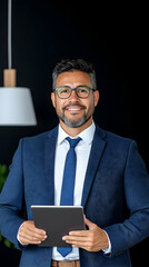 Confident businessman holding tablet, smiling