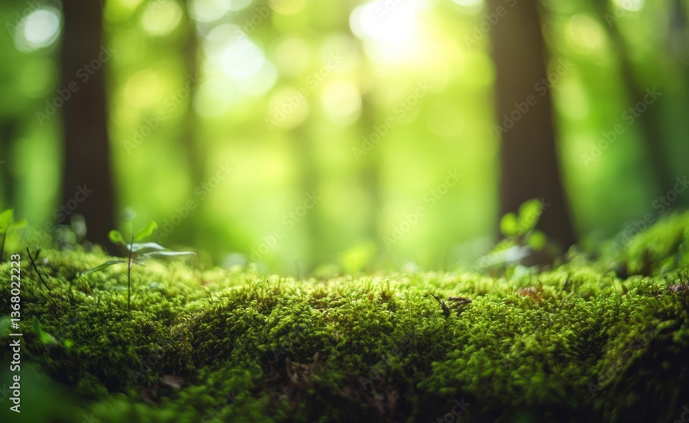Poster mossy forest floor with sunlight filtering through trees background scene