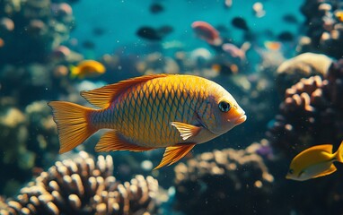 Obraz premium Tropical fish swims in coral reef, ocean background, marine life, underwater scene, nature