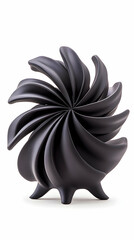 Dark, swirling, sculptural piece with petal-like forms and a tripod base, isolated on white