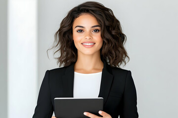 Confident businesswoman holding tablet, smiling at camera