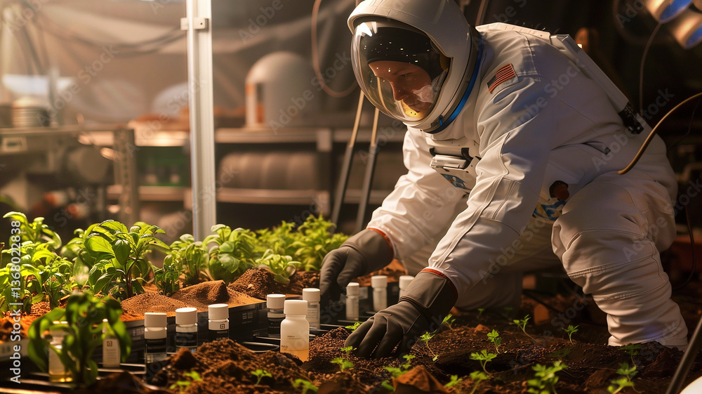 Poster this astronaut conducts excavation of regolith while experimenting with plant growth in space.