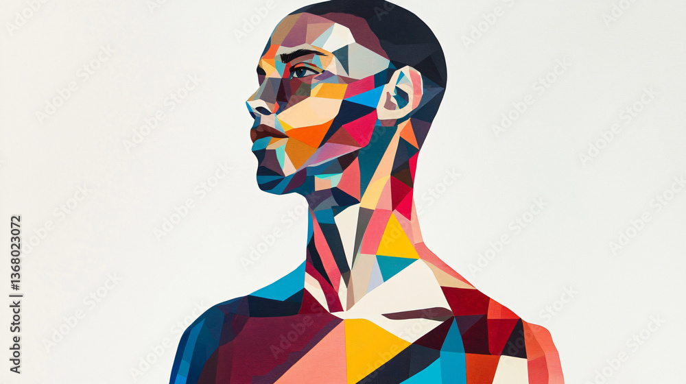 Poster man with a colorful face represented through geometric shapes exploring the intersection of identity