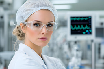 Confident female doctor in lab coat and safety glasses, serious expression, medical equipment blurred background