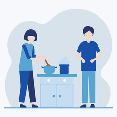 A woman and a man are cooking together in a kitchen. The woman is stirring a pot while the man looks on. Scene is warm and friendly, as the two people are working together to prepare a meal