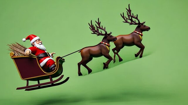 Santa's Festive Ride: Santa Claus joyfully pilots his sleigh, pulled by two magnificent reindeer across a vibrant, festive scene. The image is full of the holiday spirit.