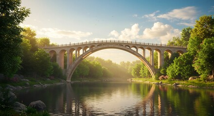 Obraz premium Serene arched bridge gracefully spans tranquil river at dawn. AI Generated